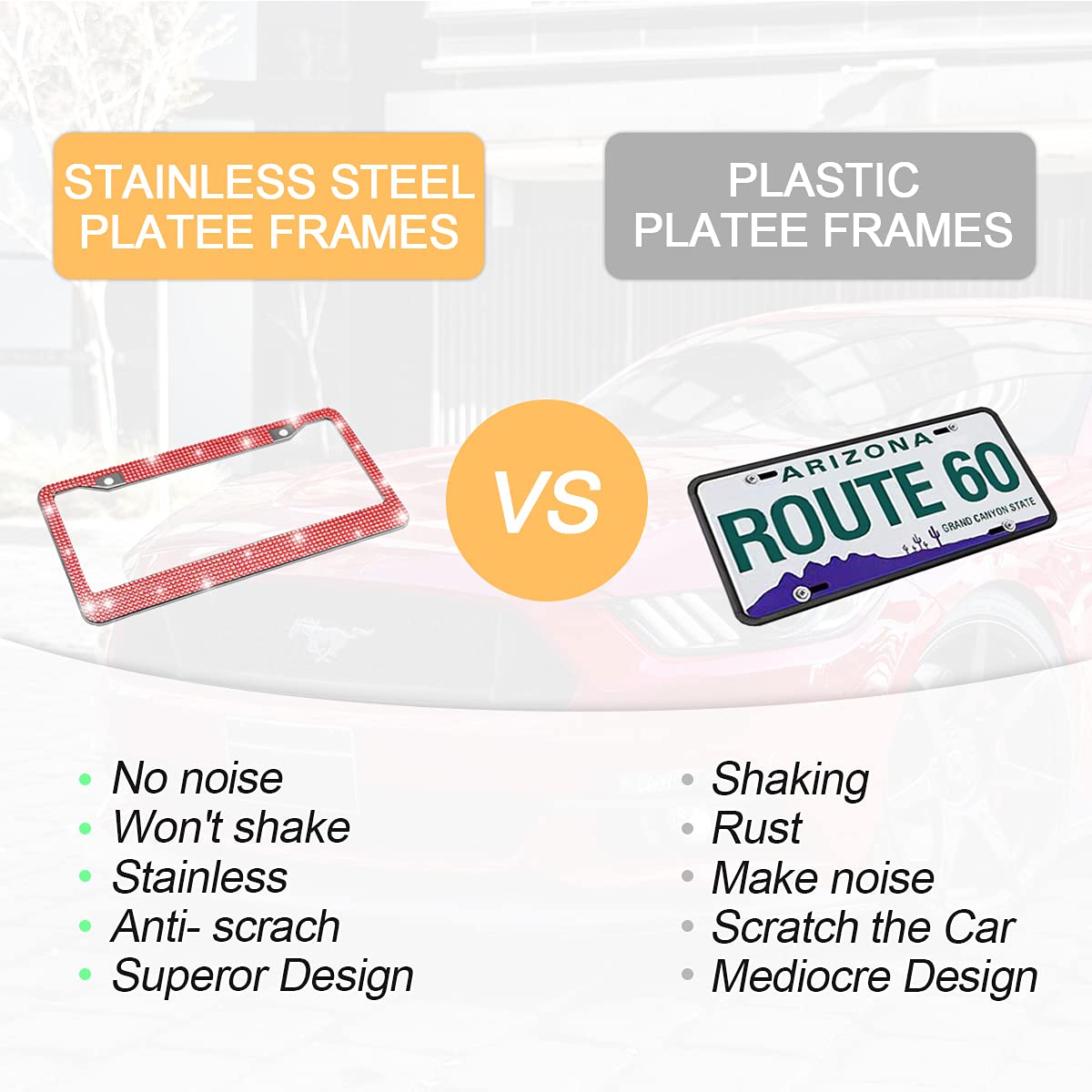 Bling Car License Plate Frame, Handcrafted Crystal Stainless Steel License Plate Frame, Sparkly, Durable, Universal Fit, Car Acc