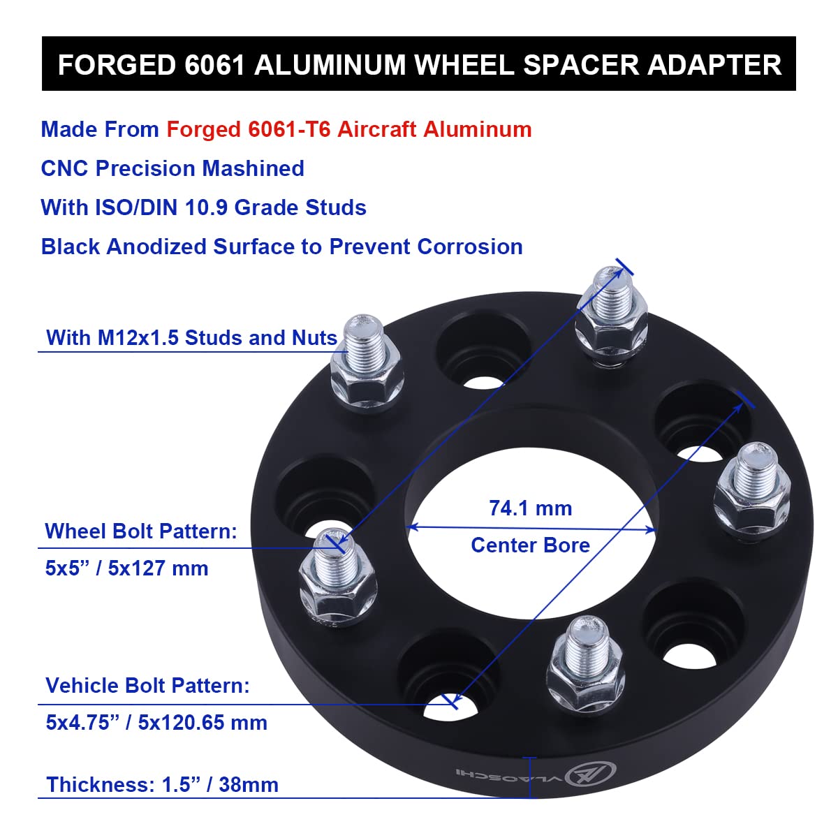 VLAOSCHI Black Forged 5x4.75 to 5x5 Wheel Adapters 1.5 Inch with 12x1.5 Studs Compatible with Chevy 5 Lug 5x120.65 to 5x127 Adap