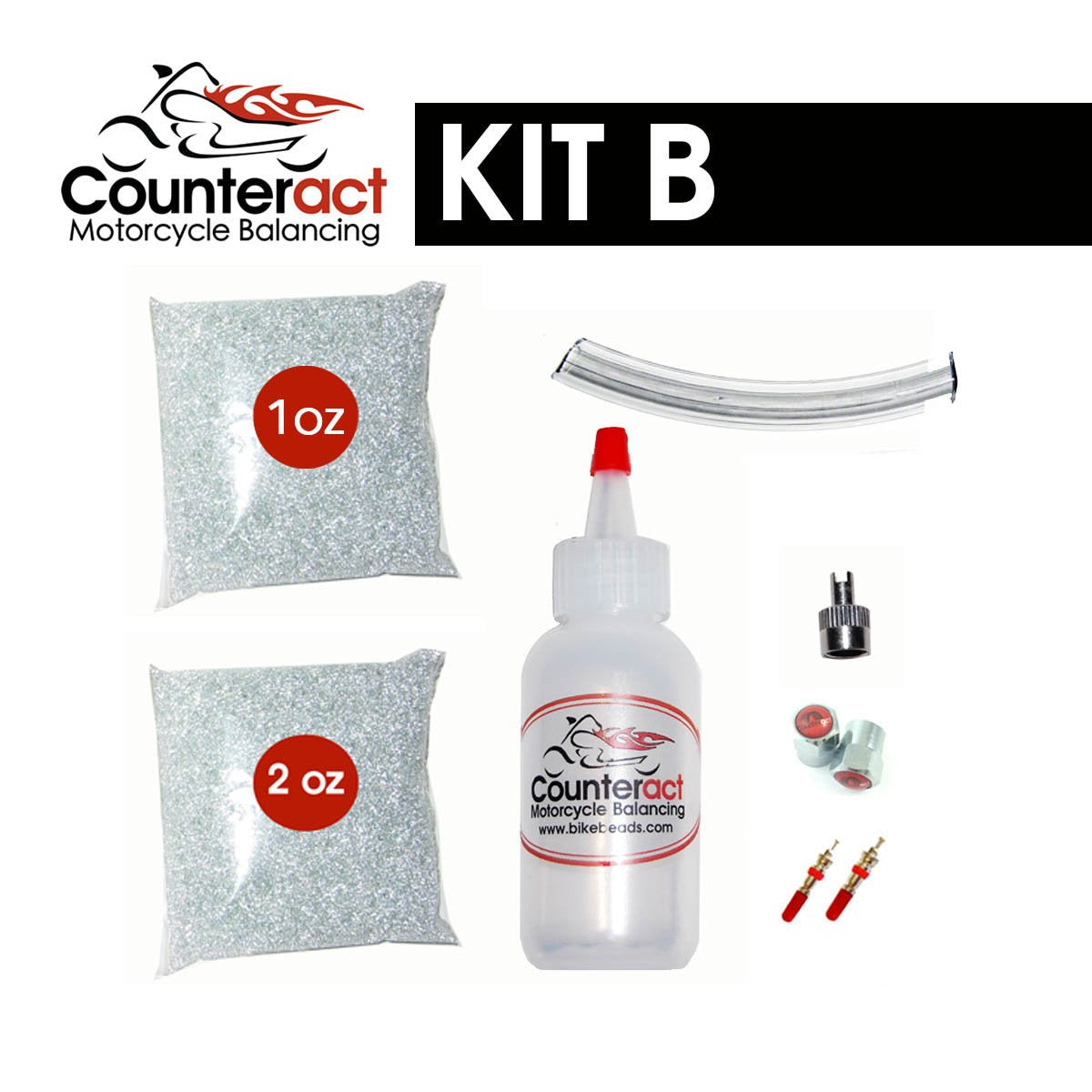 Counteract KIT-B Motorcycle Do It Yourself Tire/Wheel Balancing Beads Kit - (1) 1oz (1) 2oz DIY Bead Bags, (2) Valve Caps and Cores, (1) Core Remover, Injector Bottle