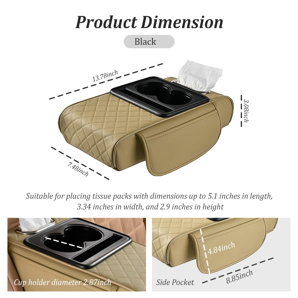 5-in-1 Car Center Console Cover,Multifunctional Arm Rest Cover for Car with Cup Holder,Phone Holder,Pocket,Car Tissue Holder,Lea