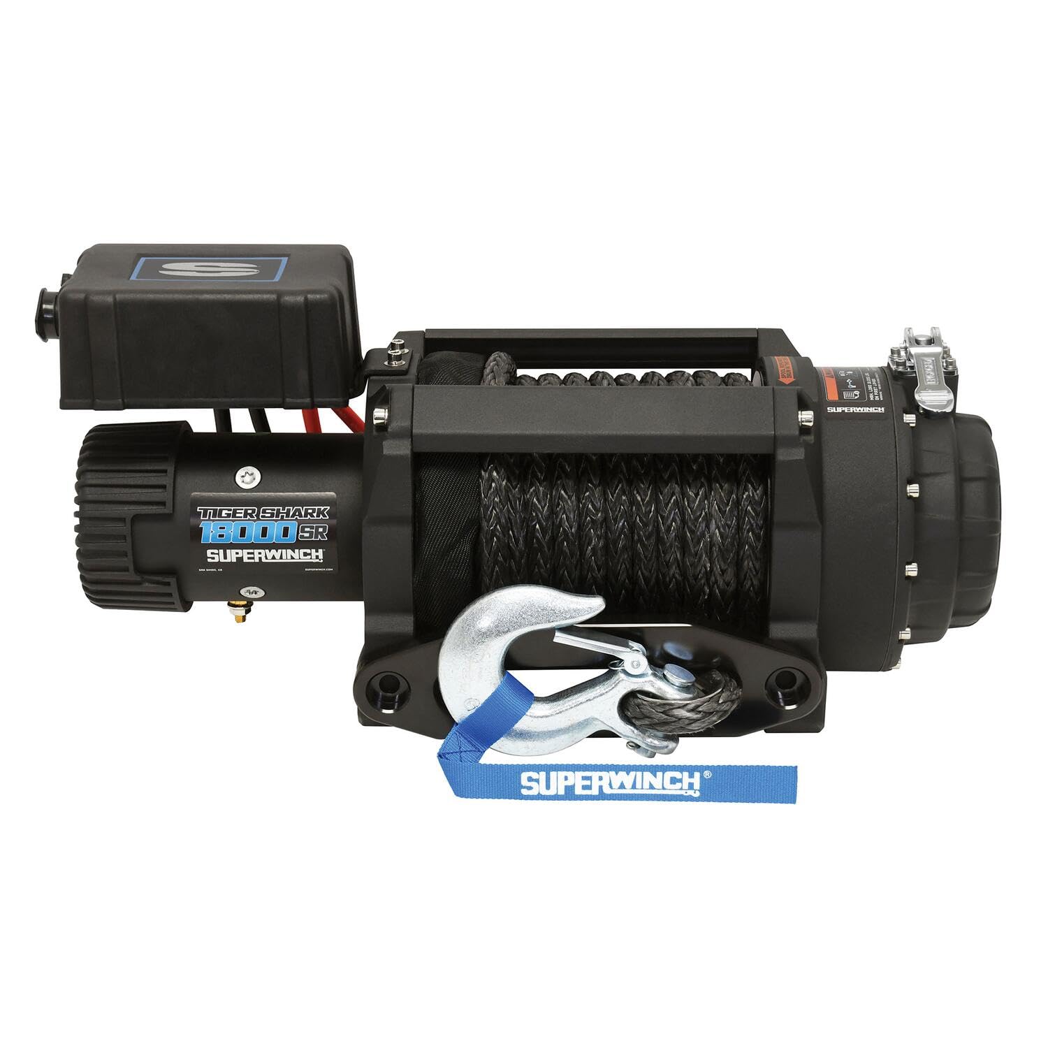 Superwinch 1518001 Tiger Shark 18000SR 12V DC Winch 18,000lb/8165kg Single Line Pull with Hawse Fairlead, 33/64 x 80 Synthetic 