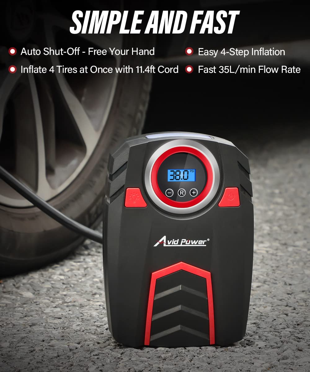 Avid Power 12V Dc Air Compressor W/Digital Pressure Gauge, Car Tire Pump W/Led Light, Auto Shut-Off Tire Inflator For Car, Bicyc