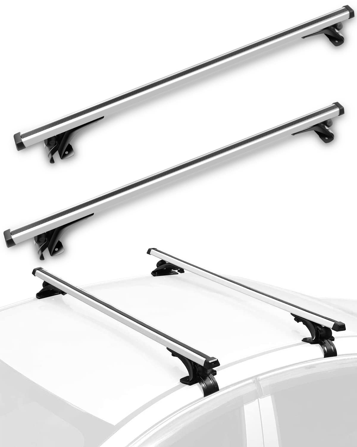 Scitoo Adjustable 48'' Aluminum Roof Top Cross Bar Set Rock Rack Rail W/3 Kinds Clamp (Fits Naked Roof Models Only)