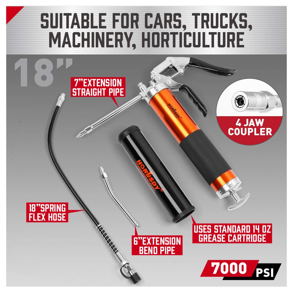 Horusdy Grease Gun, 7000 Psi Heavy Duty Pistol Grip Grease Gun With 14 Oz. Grease & 18 Flex Hose Coupler