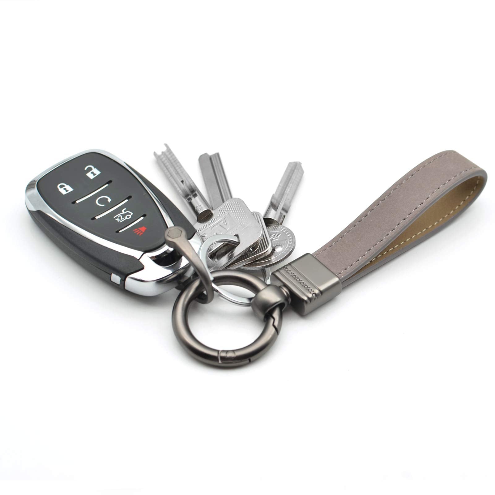 Car Fob Key Chain Genuine Leather Keychains Holder For Men And Women, 360 Degree Rotatable, With Anti-Lost D-Ring, Circle Carabiner And Key Rings, Gray Grey