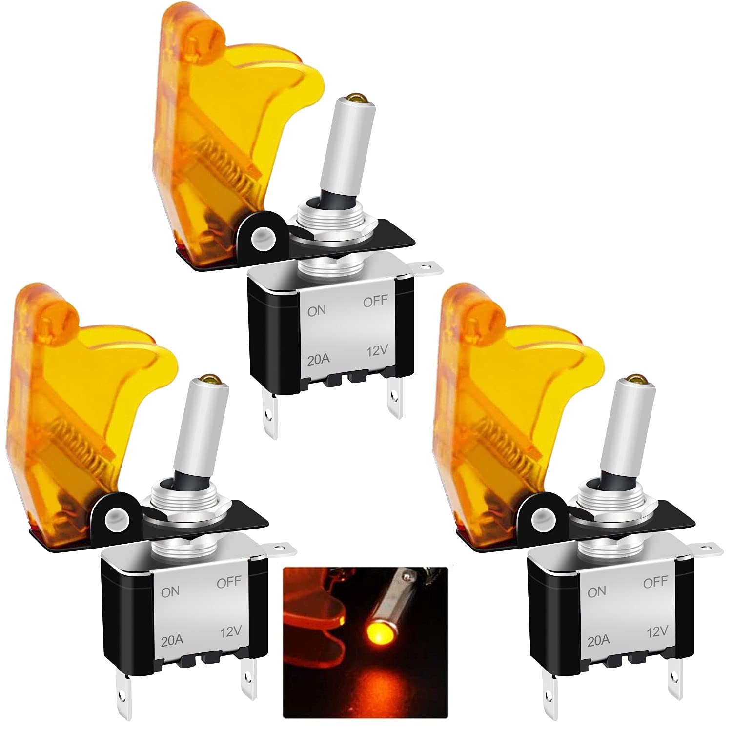 Twidec/3Pcs Rocker Lighted Toggle Switch 12V 20A Heavy Duty Racing Car Automotive Auto Spst On/Off Toggle Switch Yellow Led Illuminated 3Pin With Yellow Waterproof Safety Cover Asw-07Dyymz