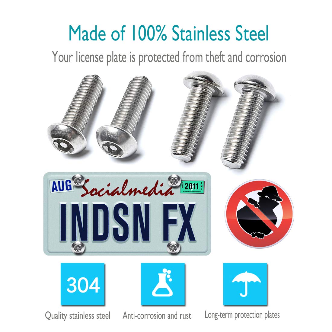 Aootf Anti Theft License Plate Screws- Rust Stainless Steel Plate Screw Resistant Security Tamper Resistant Machine License Plate Bolt License Plate Frame Fastener, Black Caps, Anti-Rattle Pad