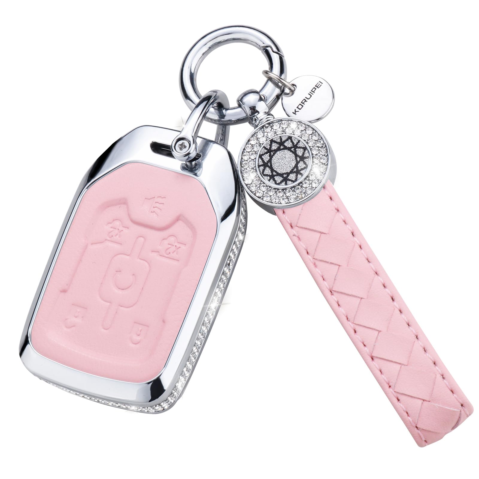 Ruabiban For Gmc Key Fob Cover With Keychain, Pink Leather Crystal Key Case Protection Shell Compatible With Chevy Chevrolet Gmc