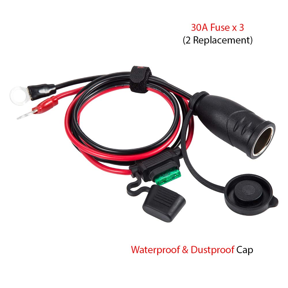 Ycind 3/8'' Eyelet Terminal To Female Cigarette Lighter Socket Battery Boost Cable Heavy Duty 30A Fuse 12V/24V 12Awg Cord 3Ft