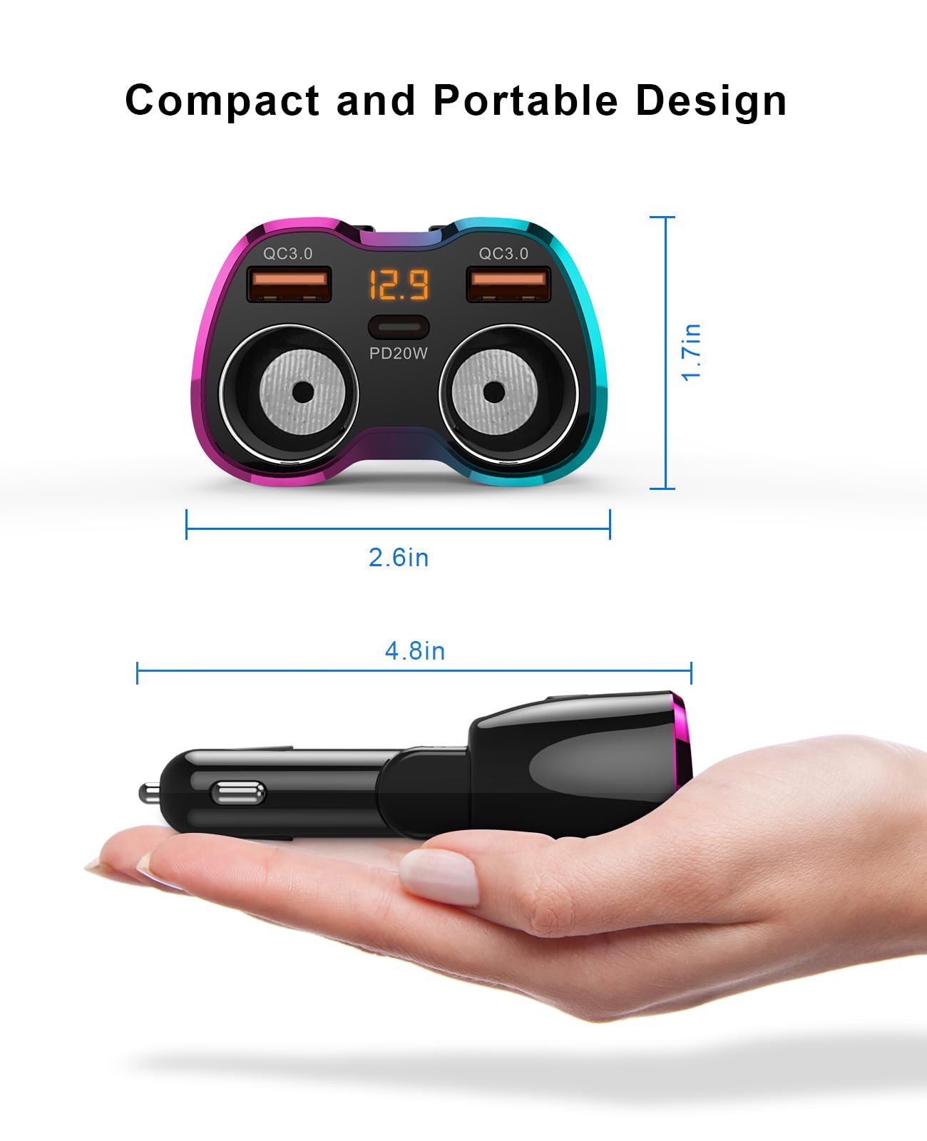 2024 Upgraded Cigarette Lighter Splitter, Superone 180W 2-Socket Cigarette Lighter Adapter With Dual Qc3.0 And 20W Pd Usb C Car
