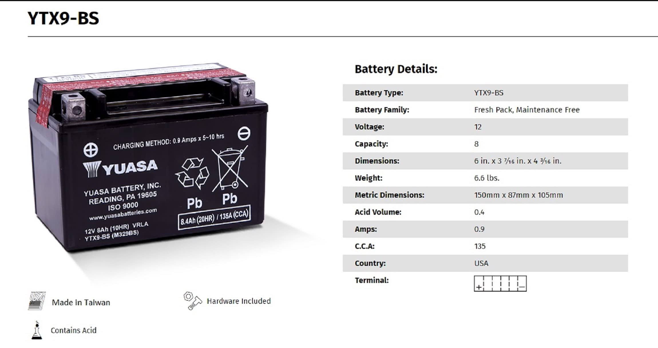 Yuasa Yuam329Bs Ytx9-Bs Maintenance Free Agm Battery With Acid Pack