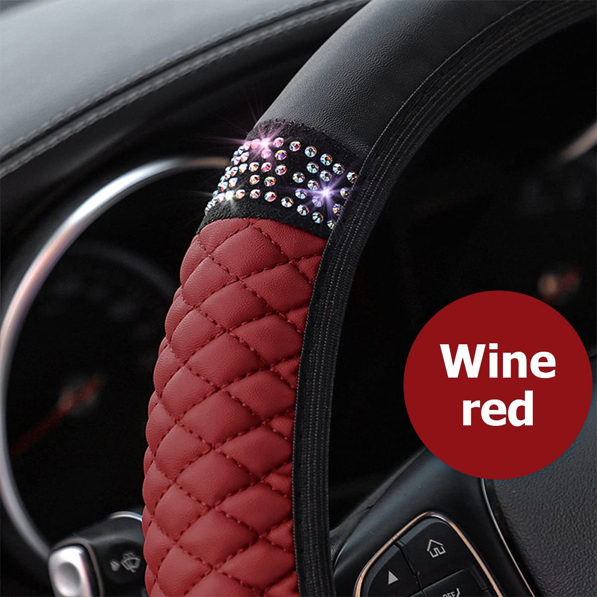 Aukepo Bling Leather Steering Wheel Cover Protector, Elastic Pu Leather With Colorful Rhinestones Crystal Diamond, Sparkling Acc