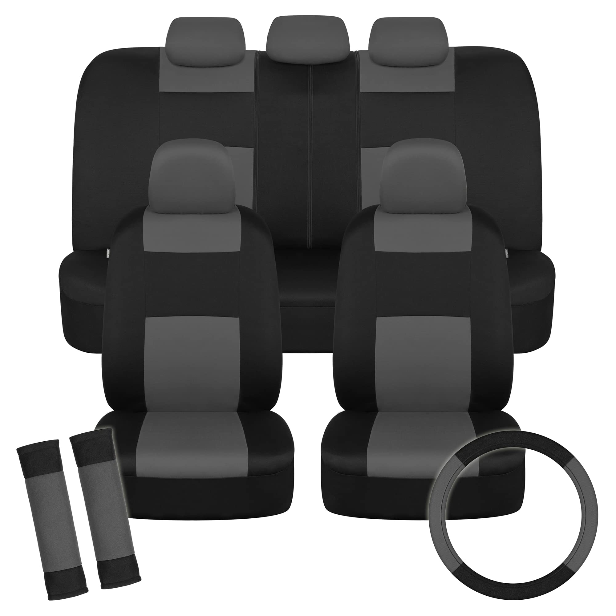 Bdk Polypro Car Seat Covers Full Set In Charcoal On Black With Steering Wheel Cover & Seat Belt Pads - Front And Rear Split Benc