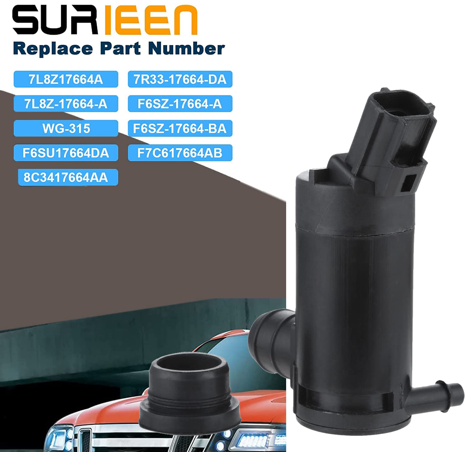 Windshield Washer Pump With Grommet Compatible With Ford F150 F250 F350 F450 E150 E250 E350 E450, Lincoln, Mazda, Mercury, Replaces For 7L8Z-17664-A 7L8Z17664A