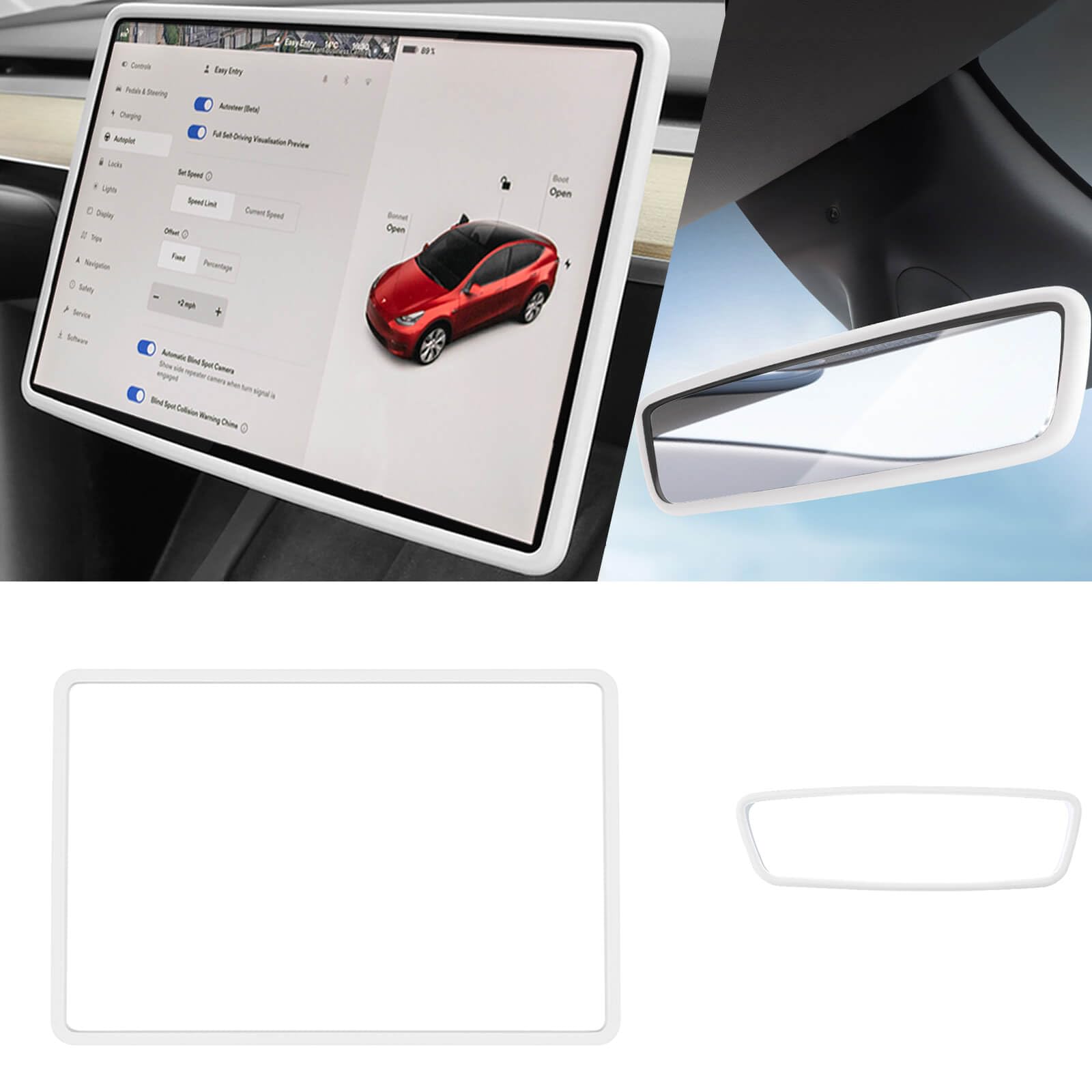 Yeapop 2Pcs Silicone Protector Frames Of Screen And Rear View Mirror For Tesla Model 3 2017-2023 And Model Y.(White)