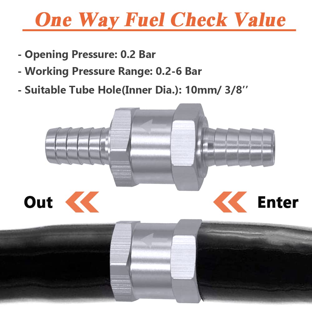 Mesee 2-Pack 3/8'' 10Mm Fuel Non Return One Way Check Valve For Fuel Line Oil Petrol Diesel Water Aluminium Silve