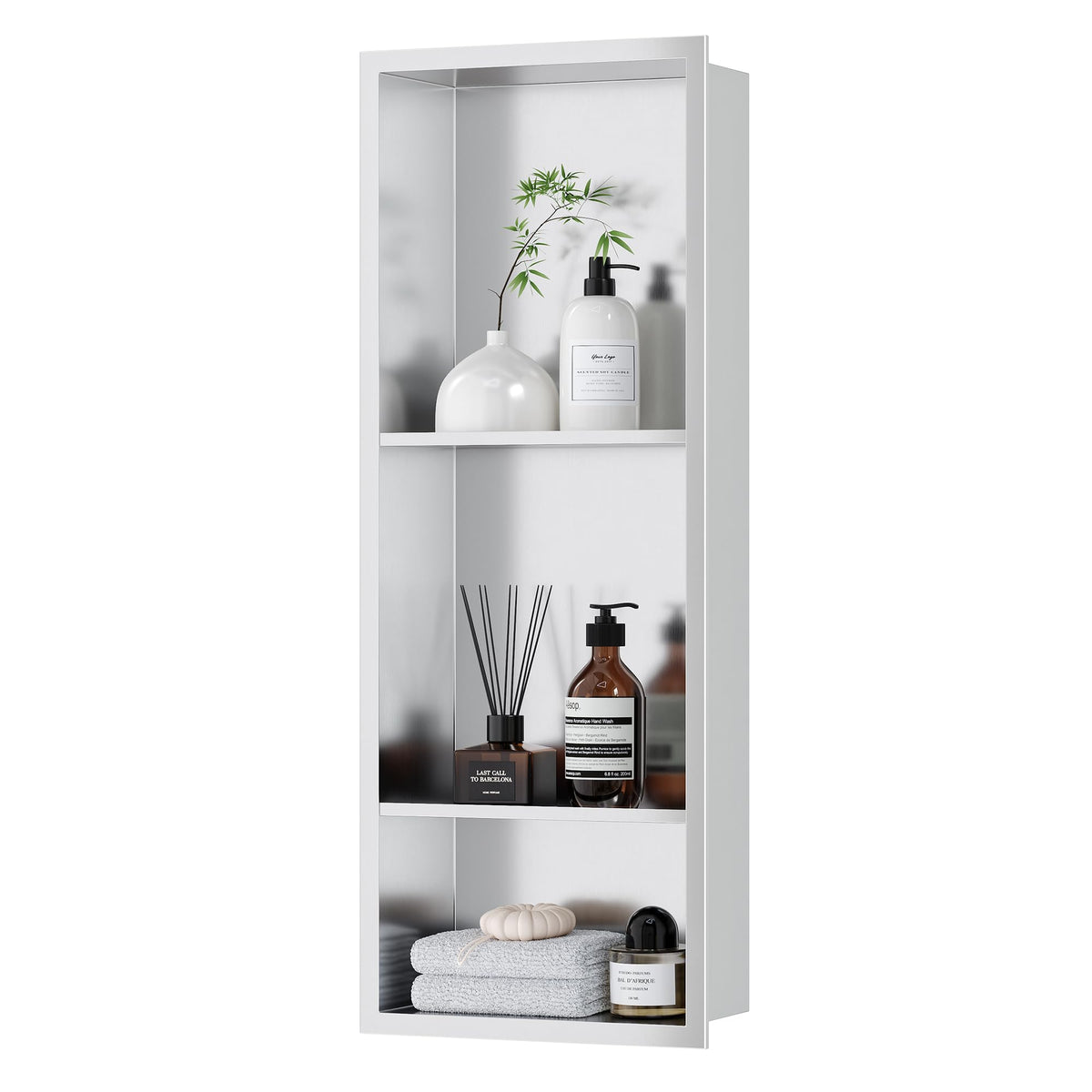 Qeke Stainless Steel Shower Niche 12' X 29', No Tile Needed Wall Niche Three-Tier Shower Niche Shelf, Recessed Niche Shower For Bathroom Storage, Brushed Nickel