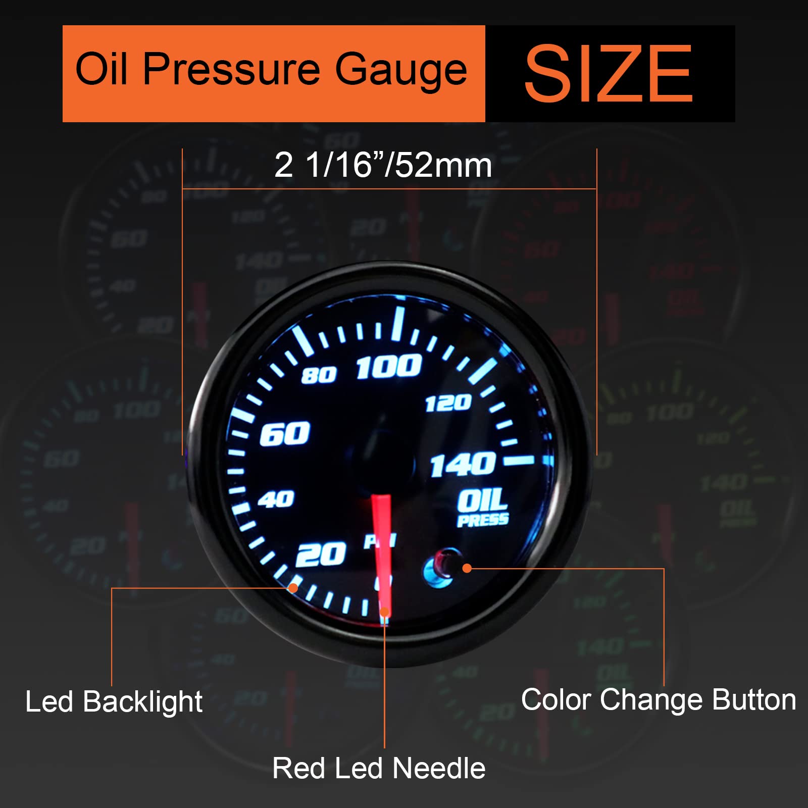 7 Color Oil Pressure Gauge 0-140 Psi Oil Press Gauge Meter 52Mm 2-1/16'' Led Backlight Black Oil Pressure Meter With Oil Pressur