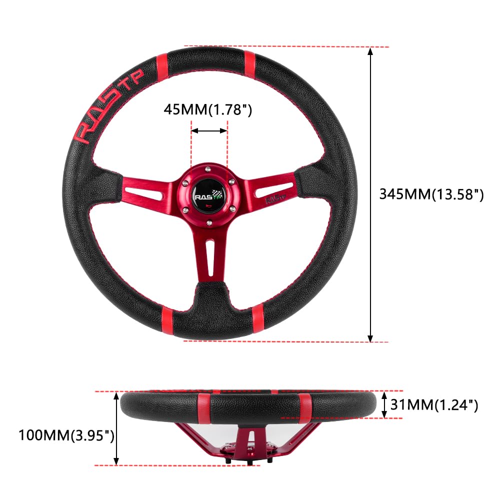 Rastp Universal Racing Steering Wheel,Deep Dish Steering Wheel Leather Embroidery 13.58”/345Mm 6 Bolts With Horn Button Include Cable, Wrench,Red