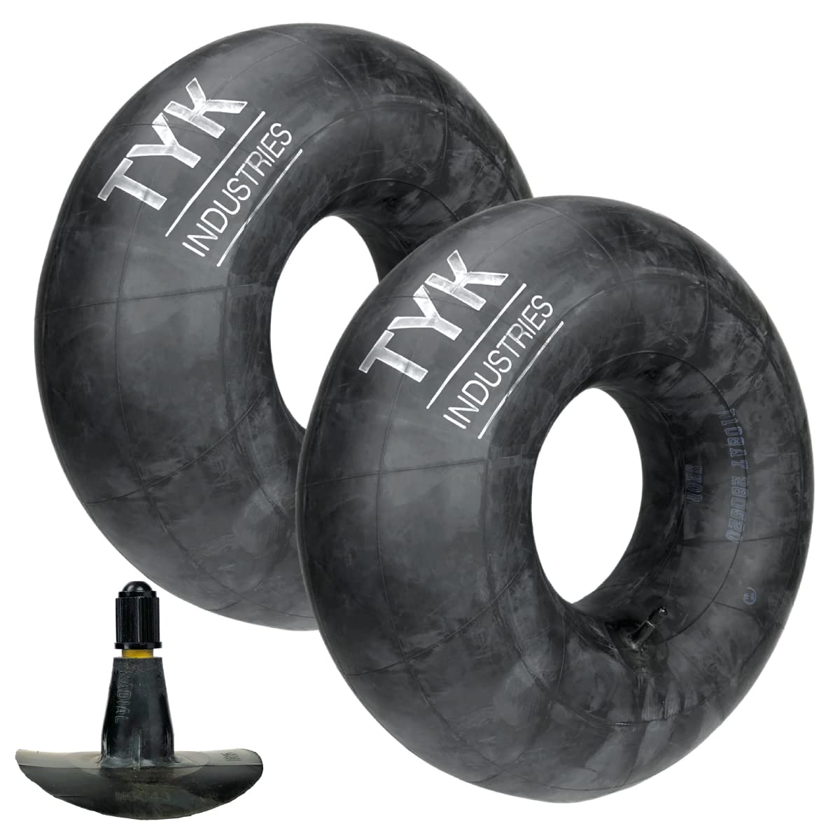 Two 5.90-16 Farm Tractor Implement Tire Inner Tube with a TR15 Wide Base Rubber Valve Stem by TYK Industries.