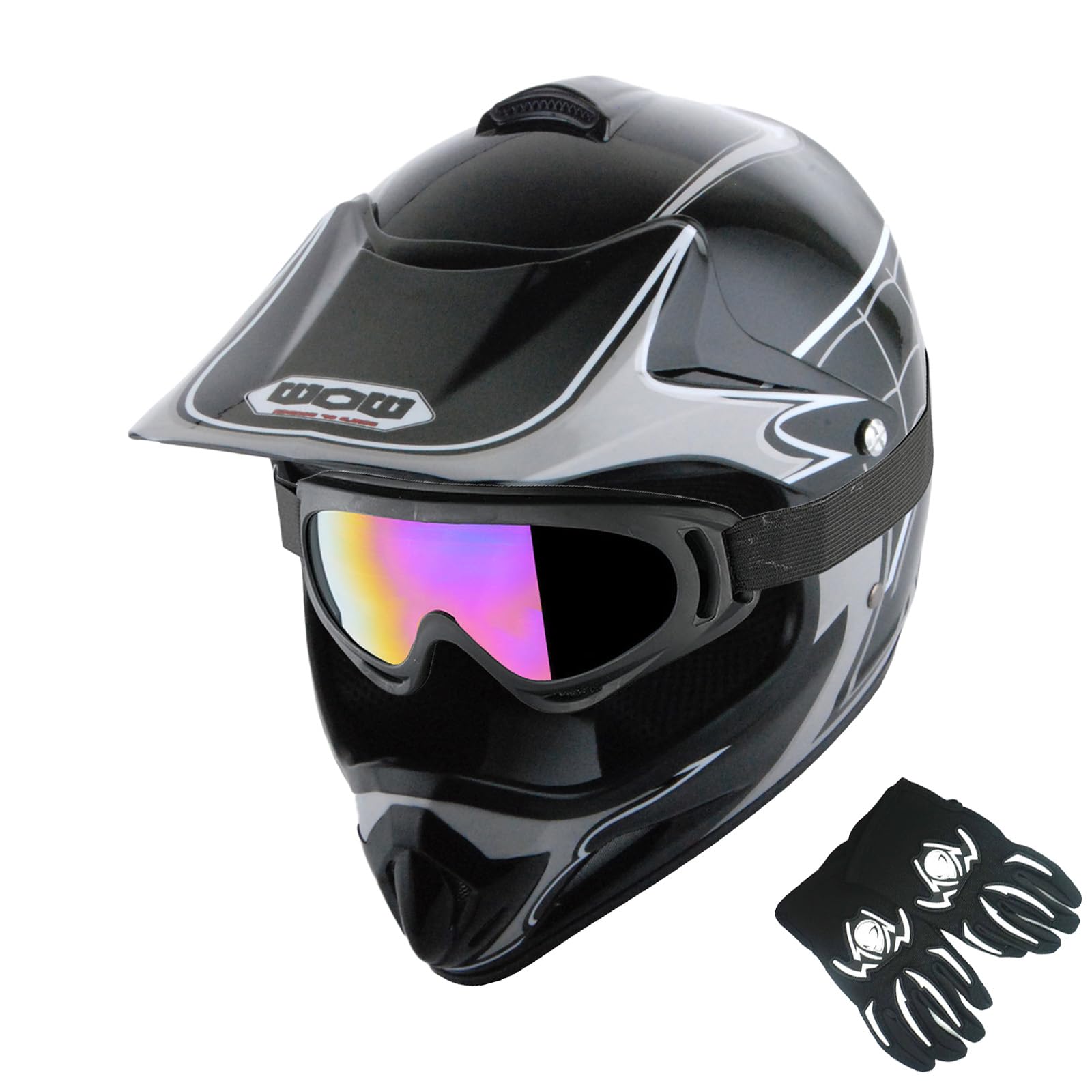 WOW Youth Motocross Helmet BMX MX ATV Dirt Bike Helmet Spider Web Black + Goggles + Martian Skull Black Glove Bundle