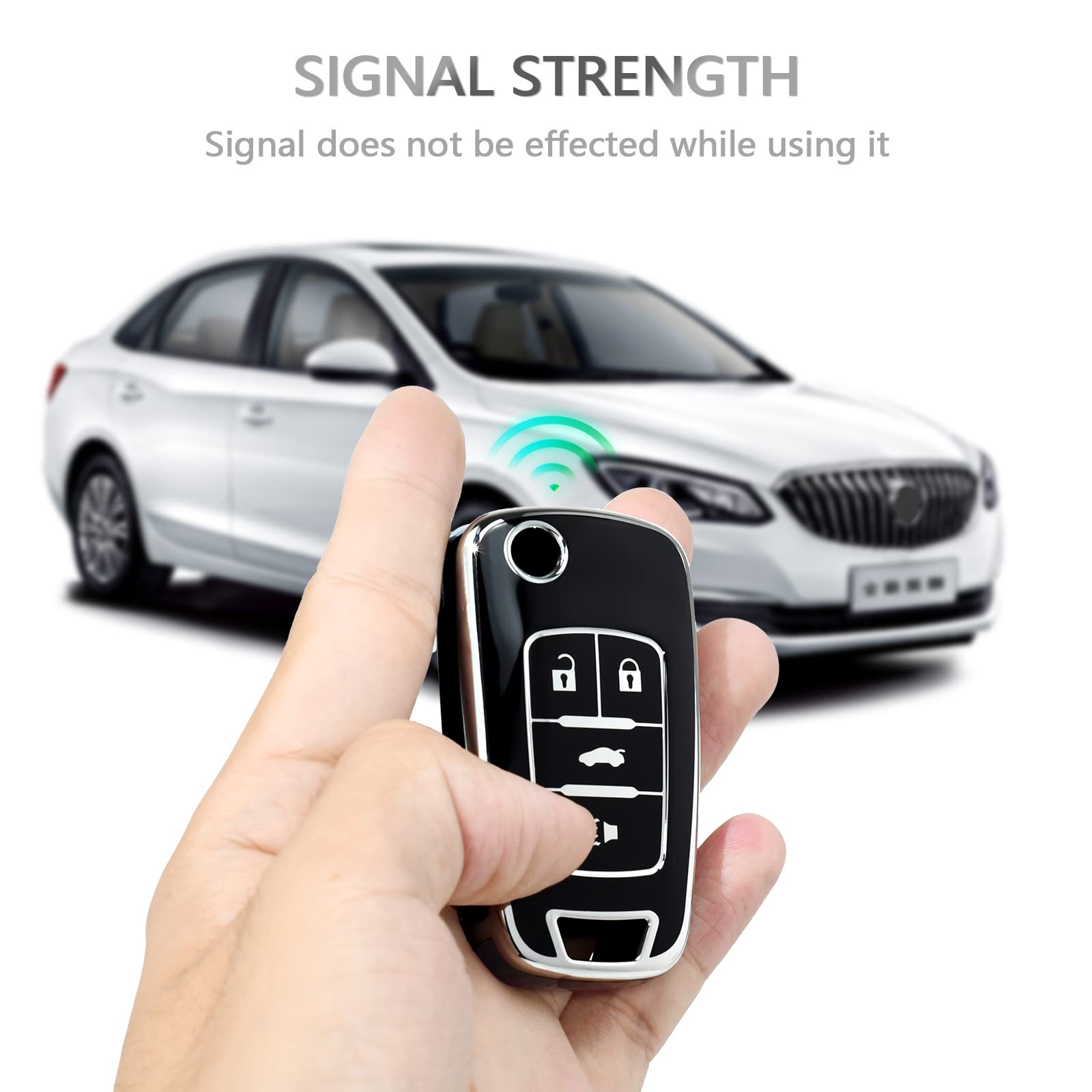 Offcurve For Chevy Buick Key Fob Cover, Tpu Key Fob Case Cover For Buick Encore Chevy Chevrolet Camaro Equinox Impala Sonic Trax Gmc Terrain Flip 4 Buttons, Black