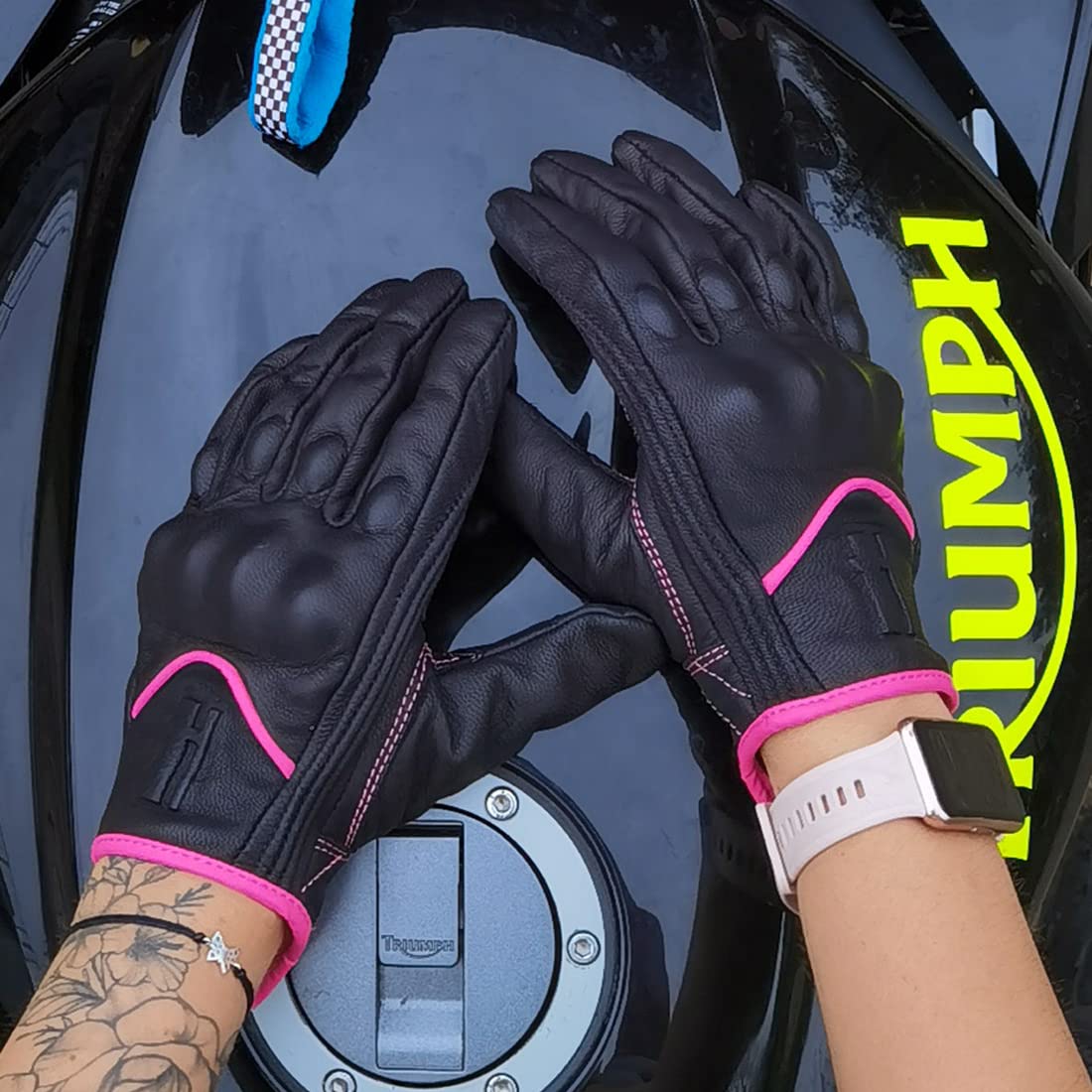 Harssidanzar Womens Full Finger Goatskin Leather Touchscreen Motorcycle Gloves Gl016,Pinkblack,Size M