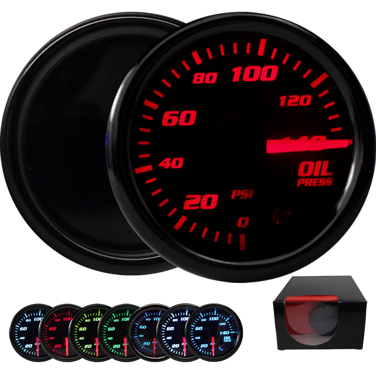 7 Color Oil Pressure Gauge 0-140 Psi Oil Press Gauge Meter 52Mm 2-1/16'' Led Backlight Black Oil Pressure Meter With Oil Pressur