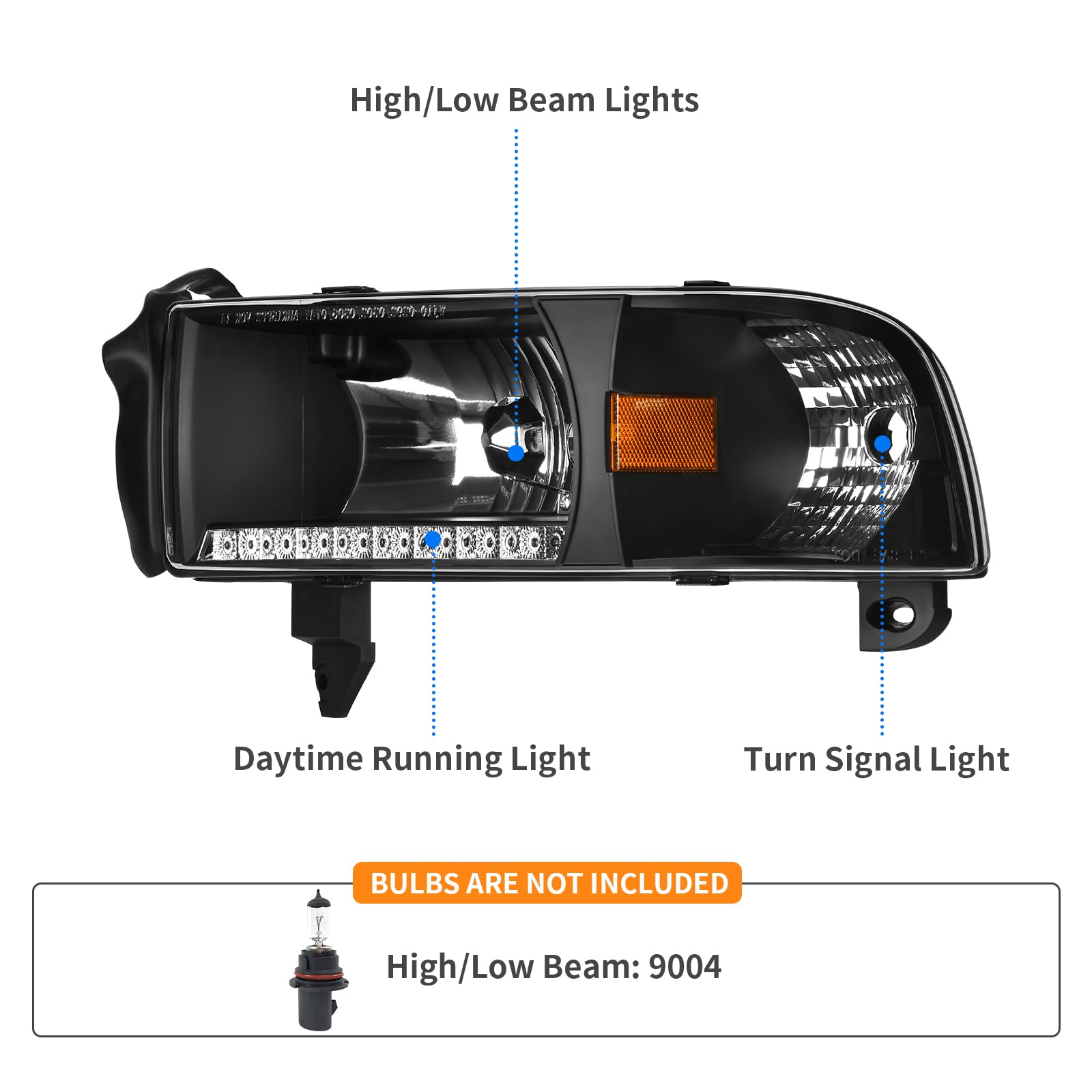 Dwvo Led Drl Headlight Assembly Compatible With 1994-2001 Dodge Ram 1500/94-02 Dodge Ram 2500 3500 Replacement Headlamp Black Ho