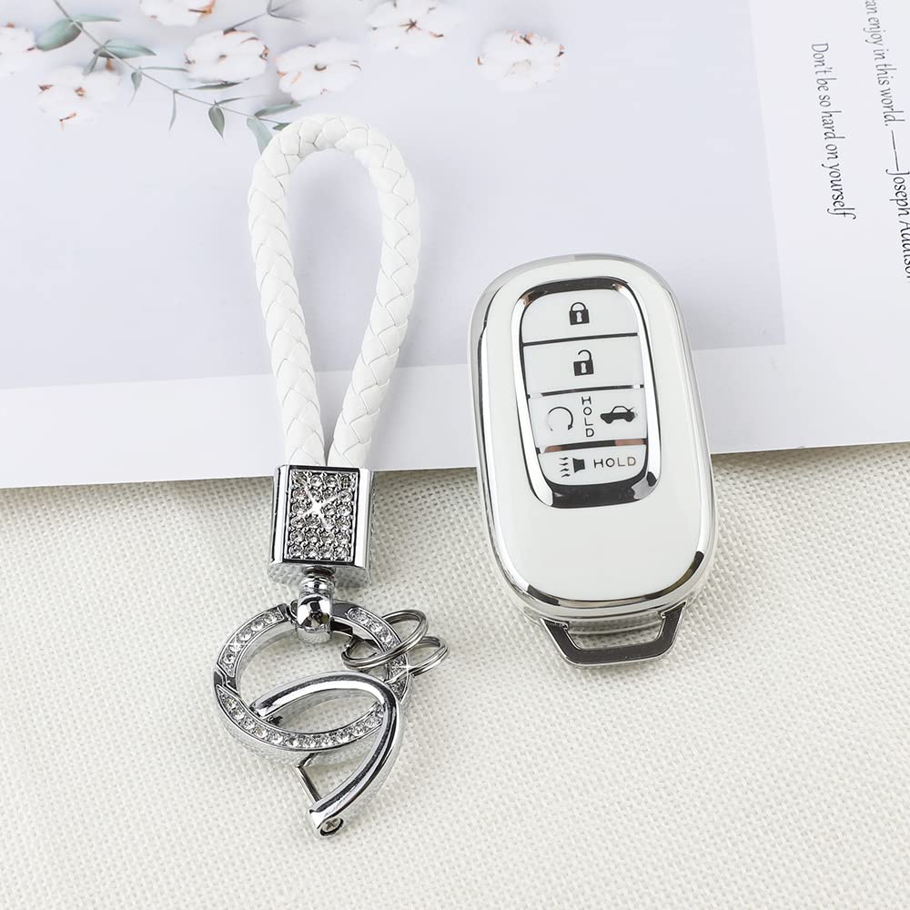 Pifoog Car Key Cover For Honda Civic 2022 Accessories Tpu Soft Keys Fob Shell Case 5 - Button Car Smart Keyless Entry Covers Glittering Keychain White Silver Girly Women