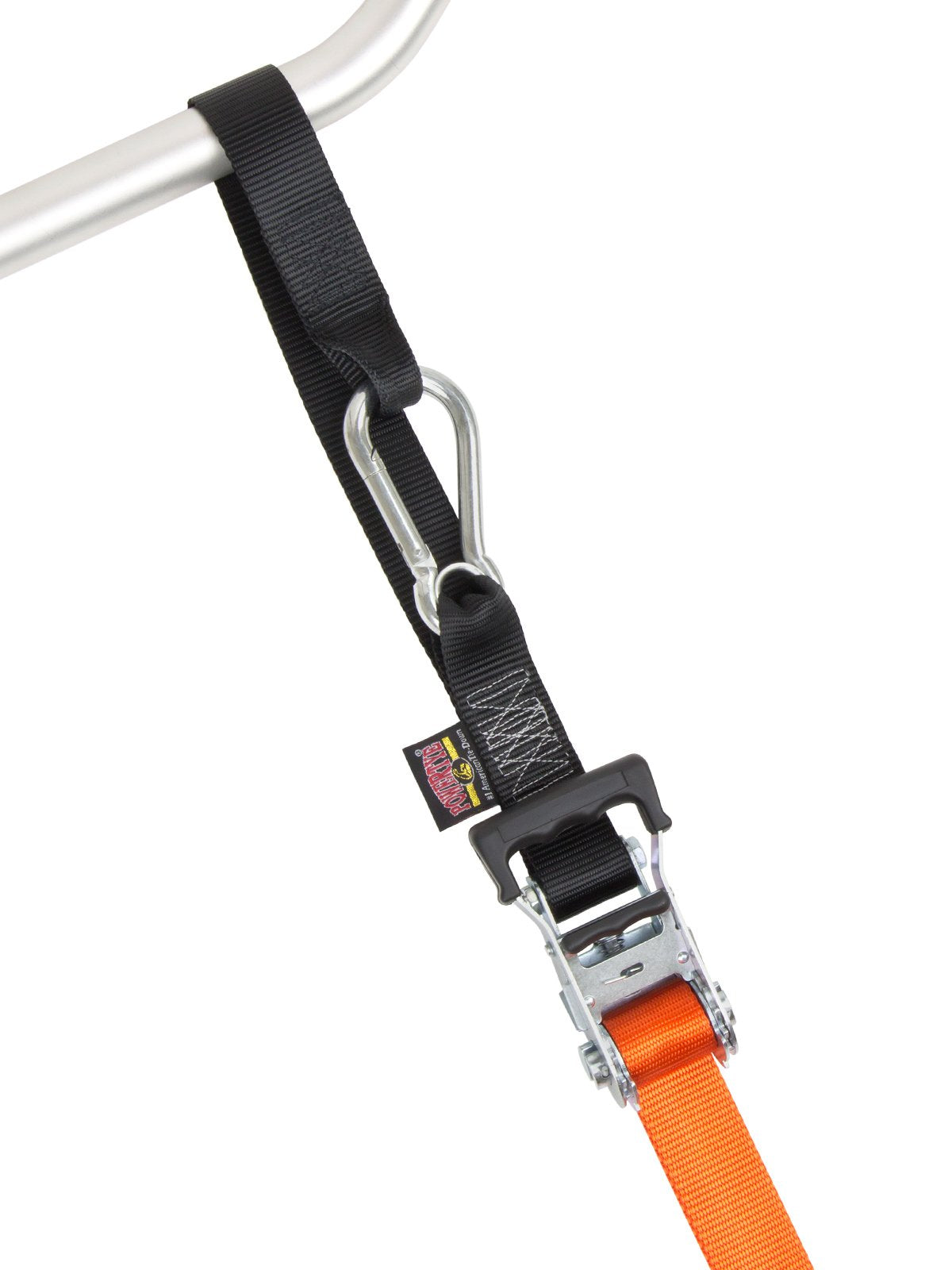 Powertye 1.5In X 6.5Ft Heavy Duty Ratchet Tie-Down Straps With Soft-Tye And Carabiner Hooks - 1,000 Lb Working Load Limit / 3,000 Lb Breaking Strength - Made In Usa - Orange/Black Pair