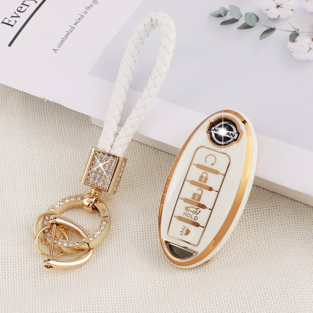 Pifoog Accessories For Nissan Key Cover Tpu Car Keys Shell Chain Waterproof Fit Nissan Altima Sentra Rogue Pathfinder Murano Armada Maxima Versa Remote Key White Girly