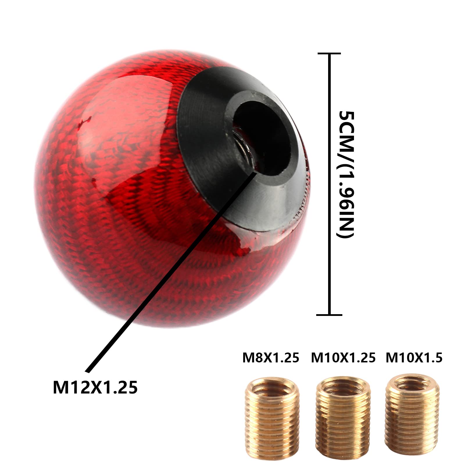 Yiuiy Round Ball Shift Knob 5 6 Speed Carbon Fiber Gear Shifter Knob For Manual Automatic Vehicles With Adapters M12X1.25 M8X1.25, M10X1.25, M10X1.5 (Red)
