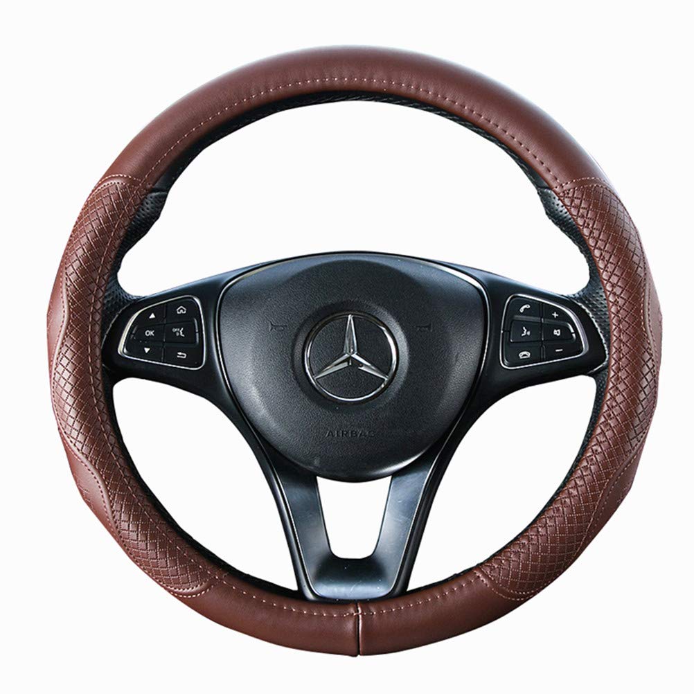 Brown Wheel Cover Cowhide Steering Wheel Cover Brown Leather Car Steering Wheel Cover Universal Size M / 15Inch Fit Car/Auto/Suv