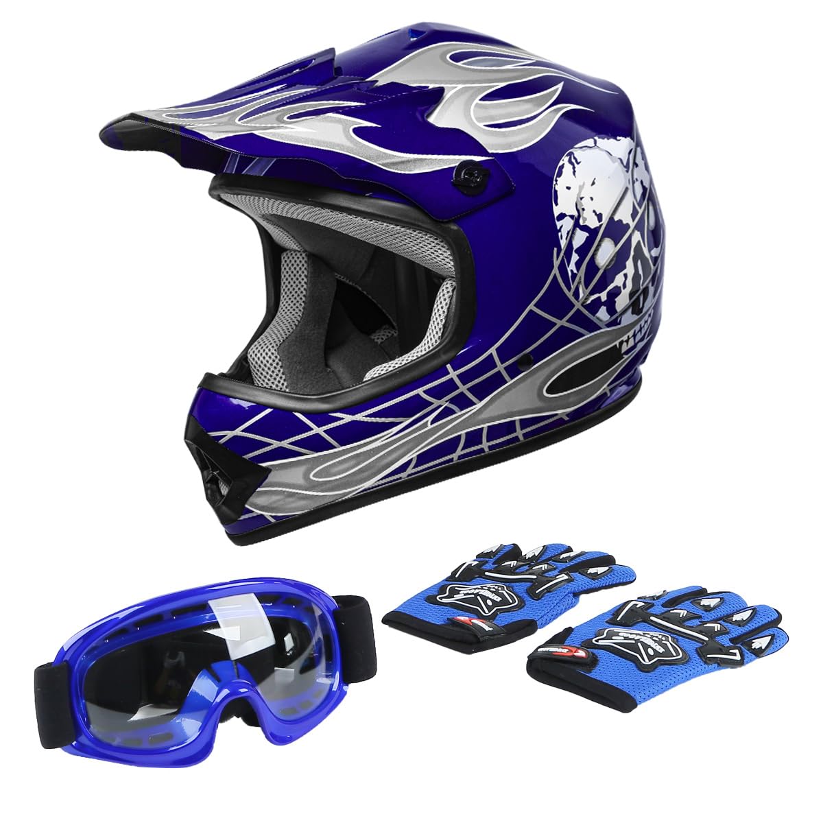 Tct-Motorparts Dot Youth Kids Motocross Atv Helmets Offroad Street Dirt Bike Go-Kart Bmx Mx Full Face Helmet Blue Skull Large Si