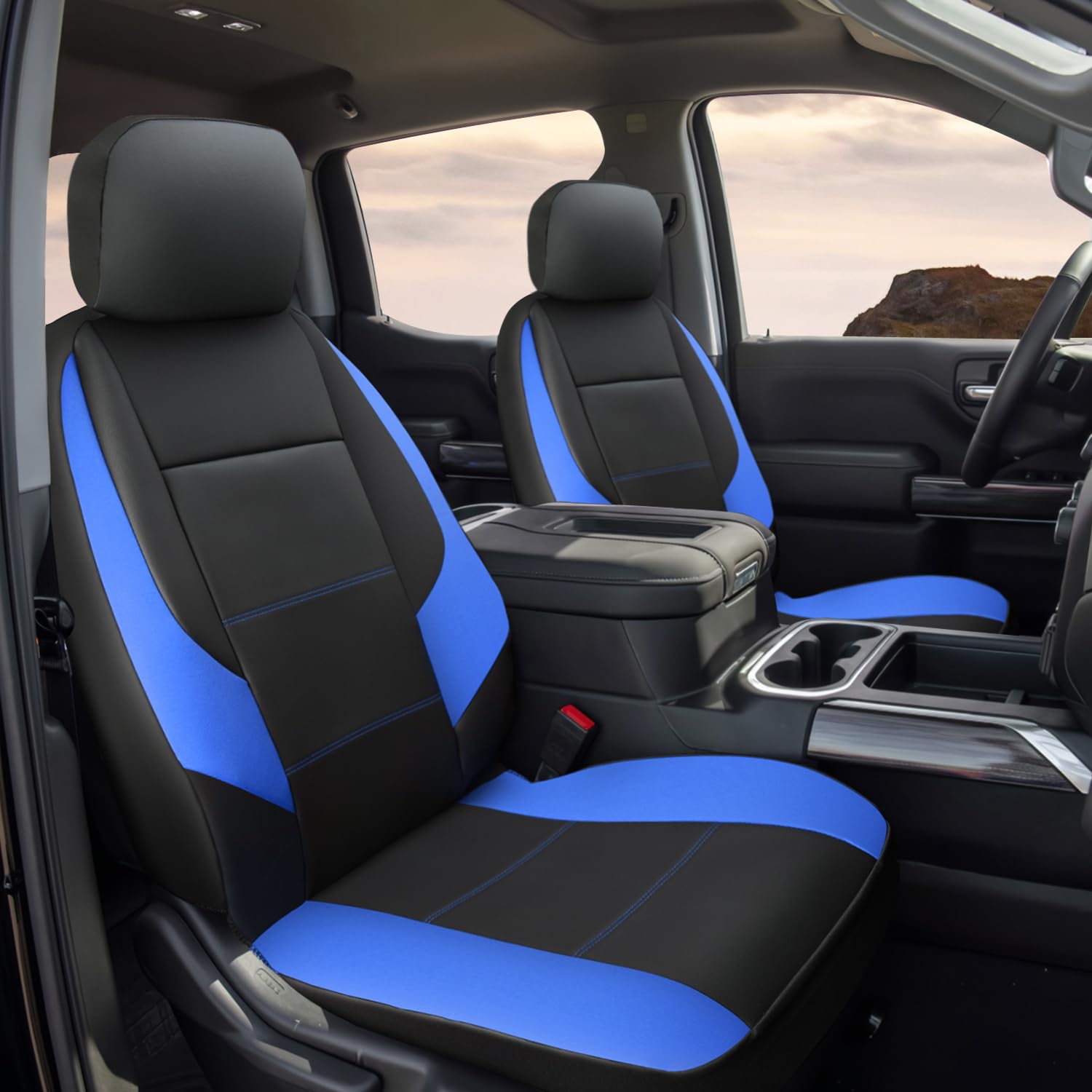 Giant Panda Front Car Seat Cover Customized Fit Chevy Silverado 1500 2500 3500 Trucks Seat Protectors (Blue+Black) 2-Pack