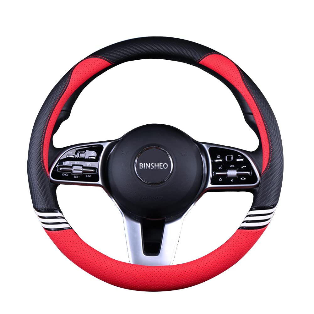 Binsheo Cute Steering Wheel Cover For Girls Women Leather Universal 15 Inch,Black And Red