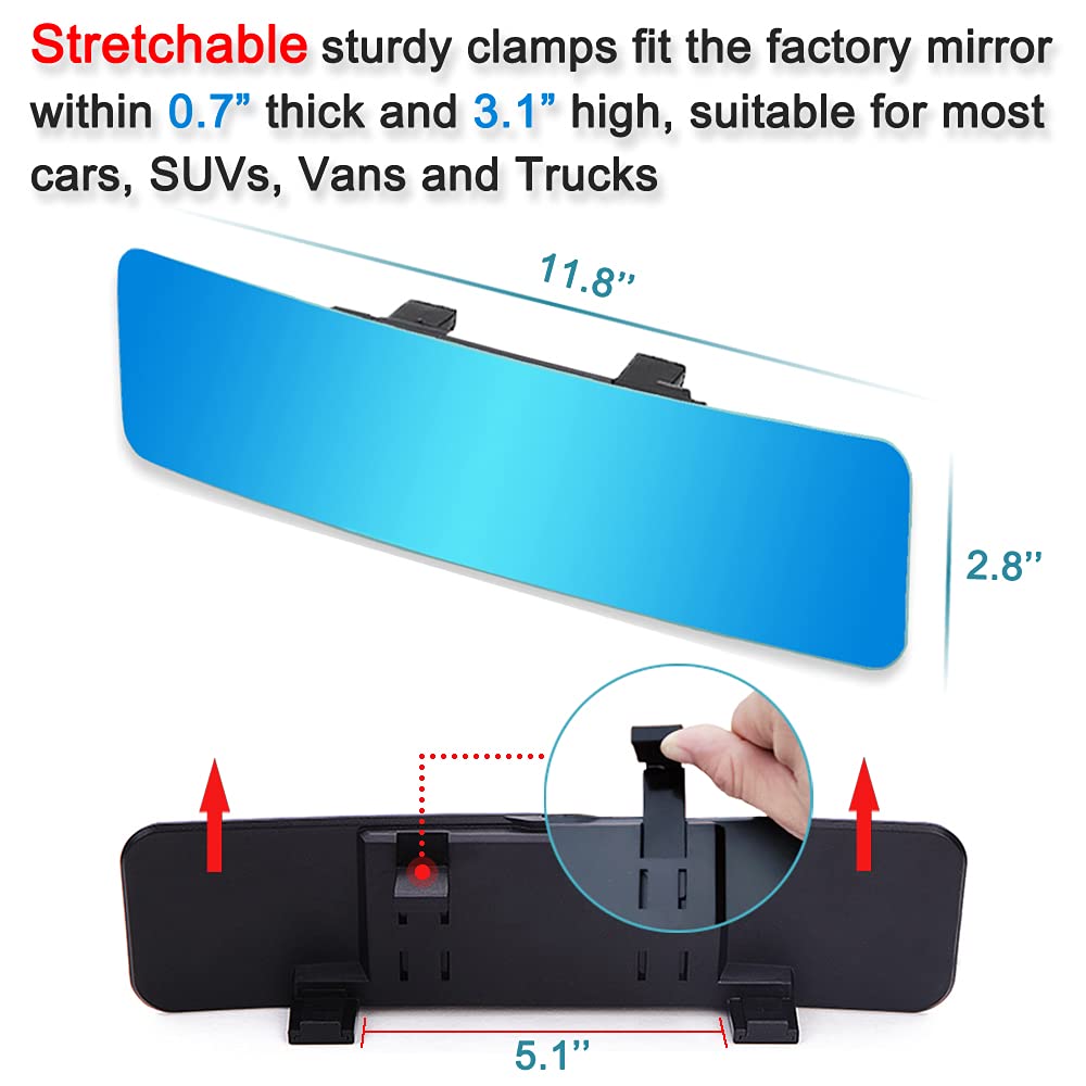 (Upgrade) Skycrophd Anti Glare Rear View Mirror Frameless Car Interior Rearview Mirror Panoramic Wide Angle To Eliminate Blind Spots - Convex,11.8In (Blue)