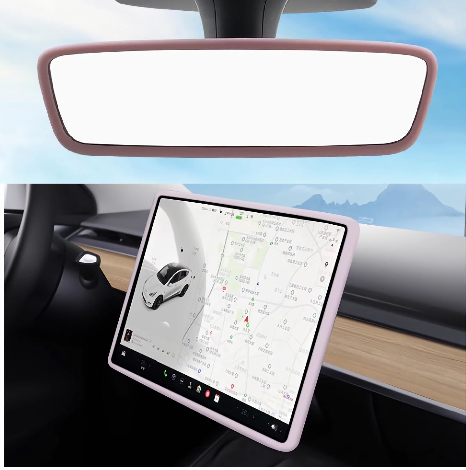 GOOYOGOO Screen Protector Silicone Frame + Rear View Mirror Cover for Tesla Model 3 Model Y, 15 Center Control Touchscreen,Knee Protection/Anti-bump/Durable (PINK)