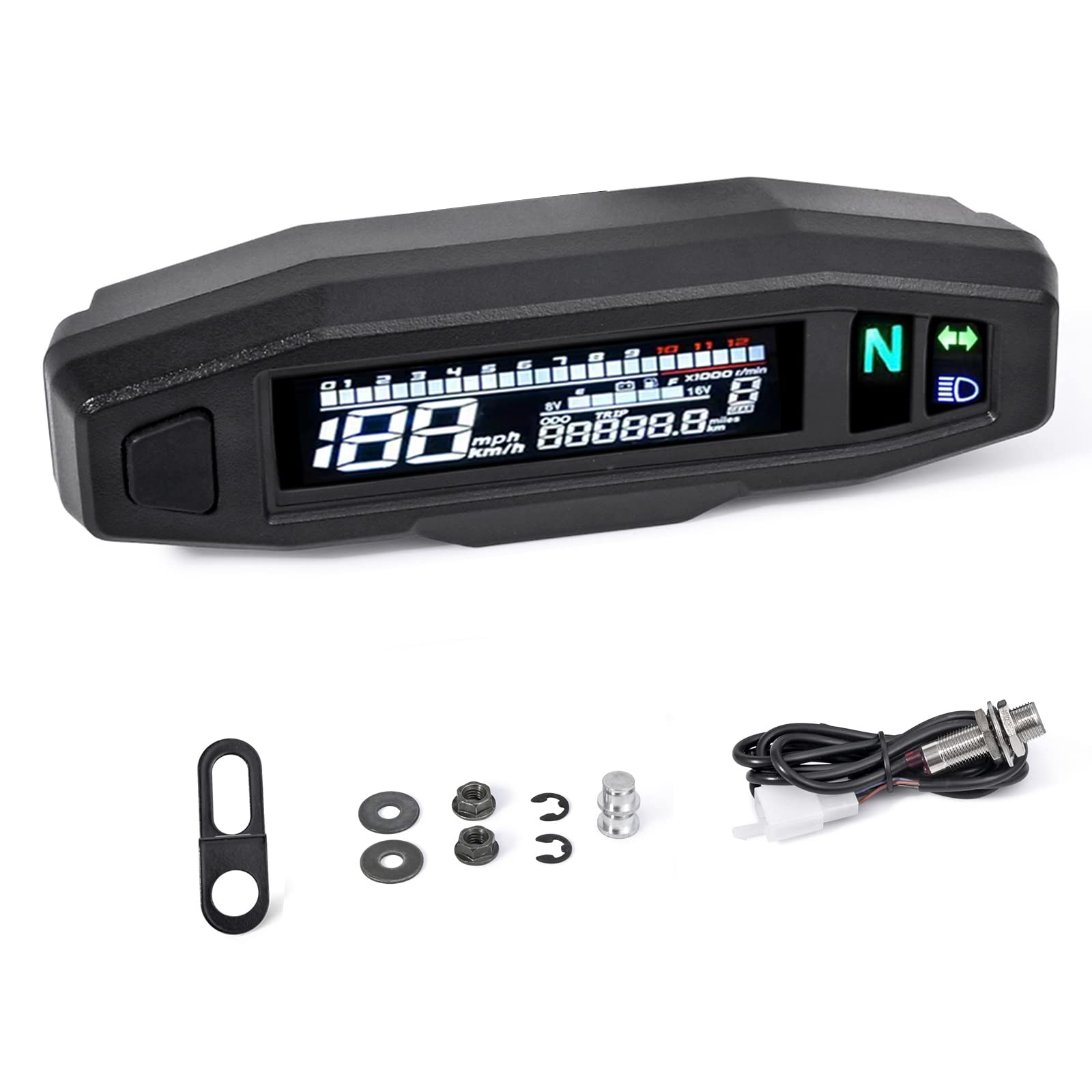 Whaletail Universal Motorcycle Speedometer 6 Gear 12000 Rpm Km/H Mph Mini Lcd Va Screen Digital Motorcycle Speedometer, Odometer, Tachometer