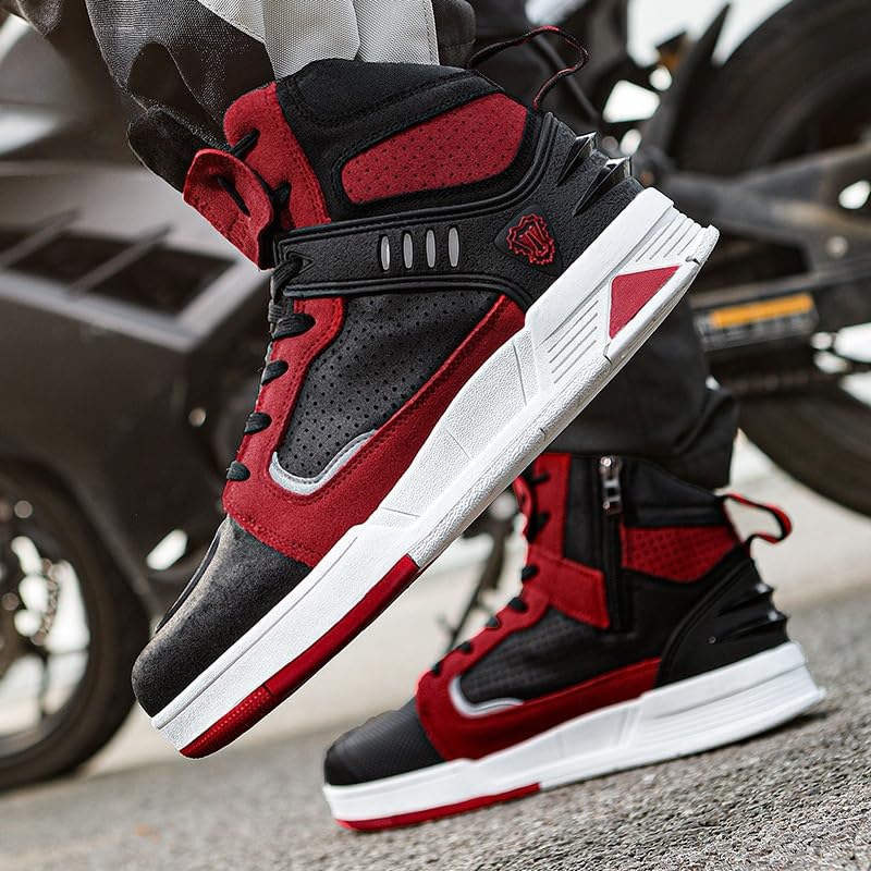 Bofucn Motorcycle Leather Boots,Street Riding Shoes,Anti-Slip Side Zipper Shoes For Men And Women (Black/Red, Adult, 7.5 Men/8.5