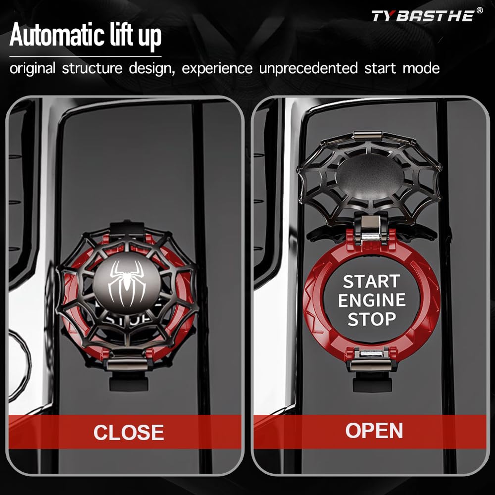 Tybasthe Spiderman Push Start Button Cover - Metal Engine Start Stop Protector, Black & Red
