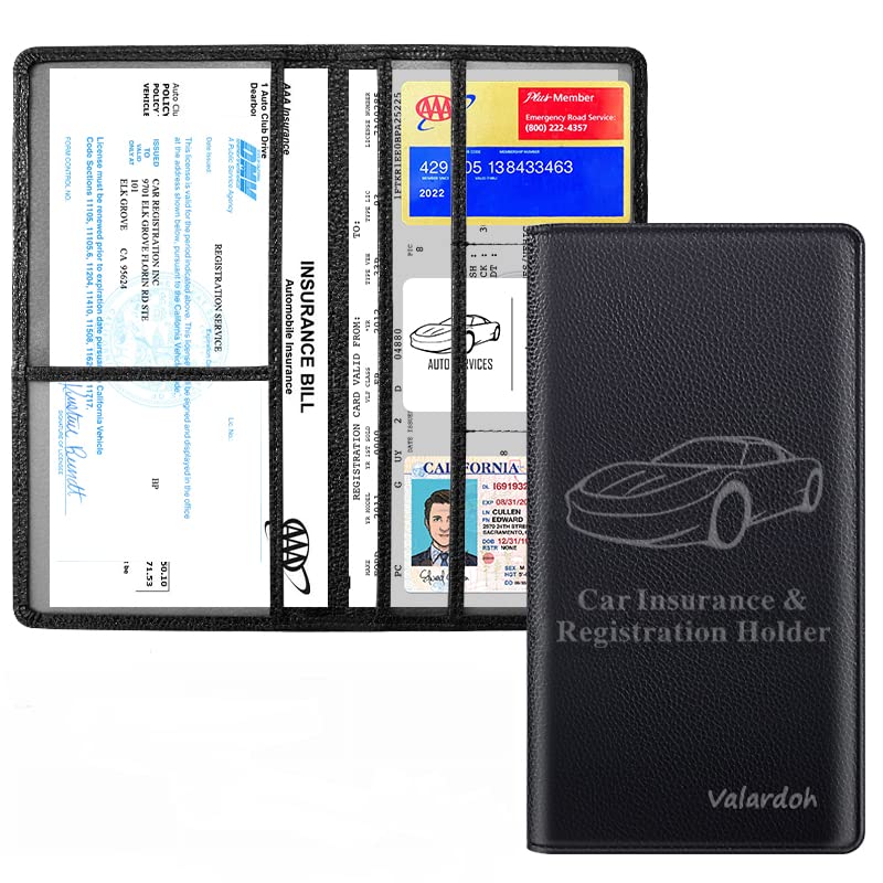 Valardoh Premium Car Registration And Insurance Card Holder, Car Document Holder For Cards, Driver License & Other Essential Documents (Black)