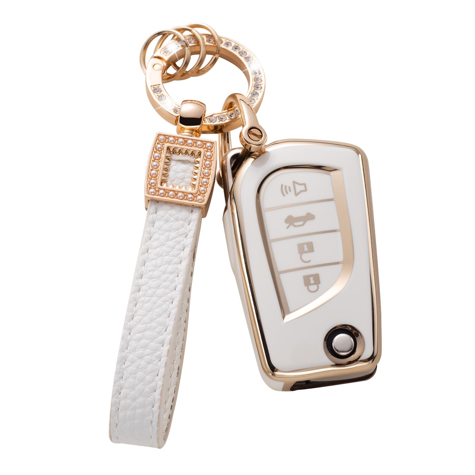 Cacarlike For Toyota Key Fob Cover With Leather Lanyard, Car Key Fob Case Compatible With Toyota Fortuner Tundra Camry Rav4 High