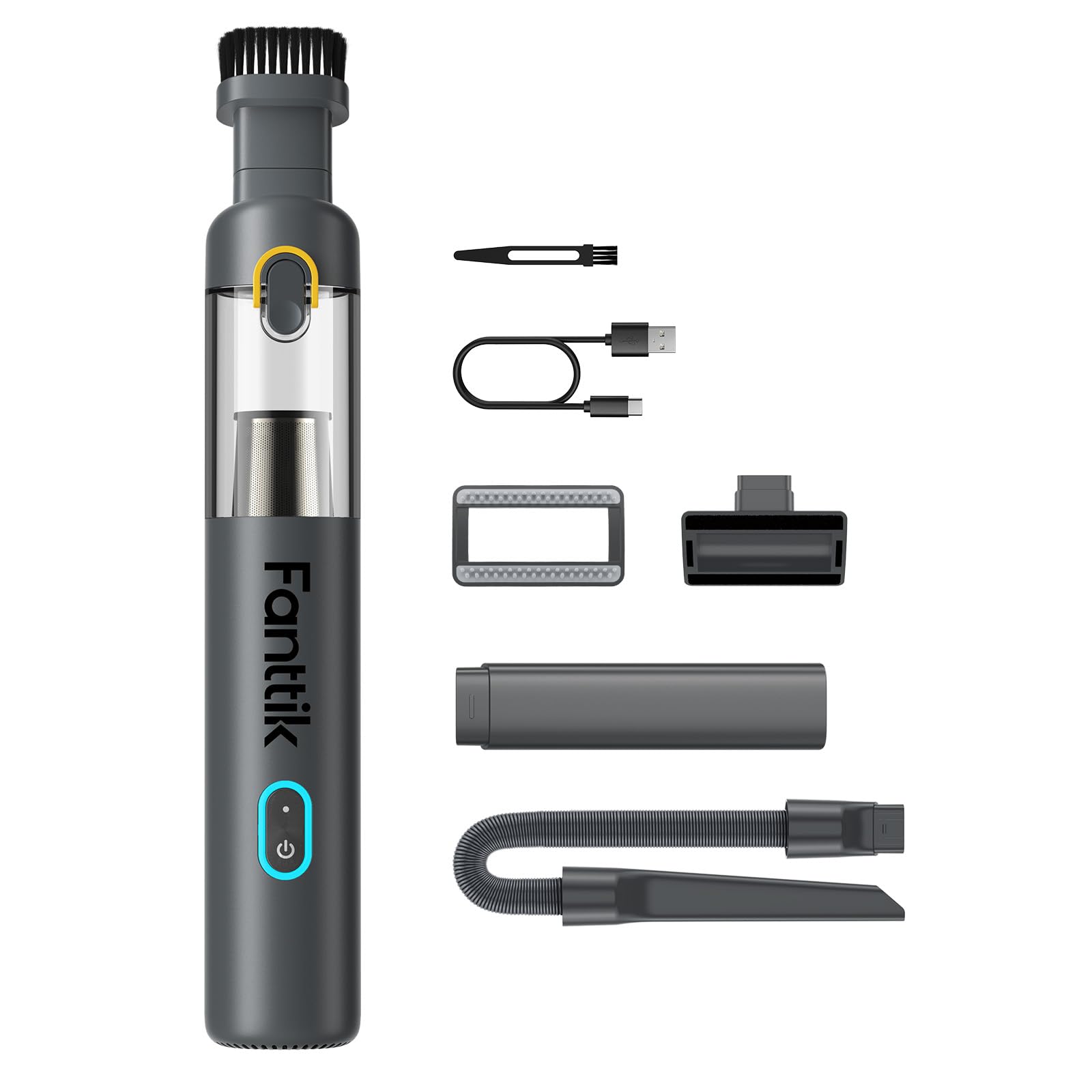 Fanttik Slim V8 Mate Cordless Car Vacuum Suction Power 12000Pa, Portable Mini Vacuum With Flexible Hose And Pet Brush, Type-C Charge, Portable For Car, Office Desk, Keyboards, Gray