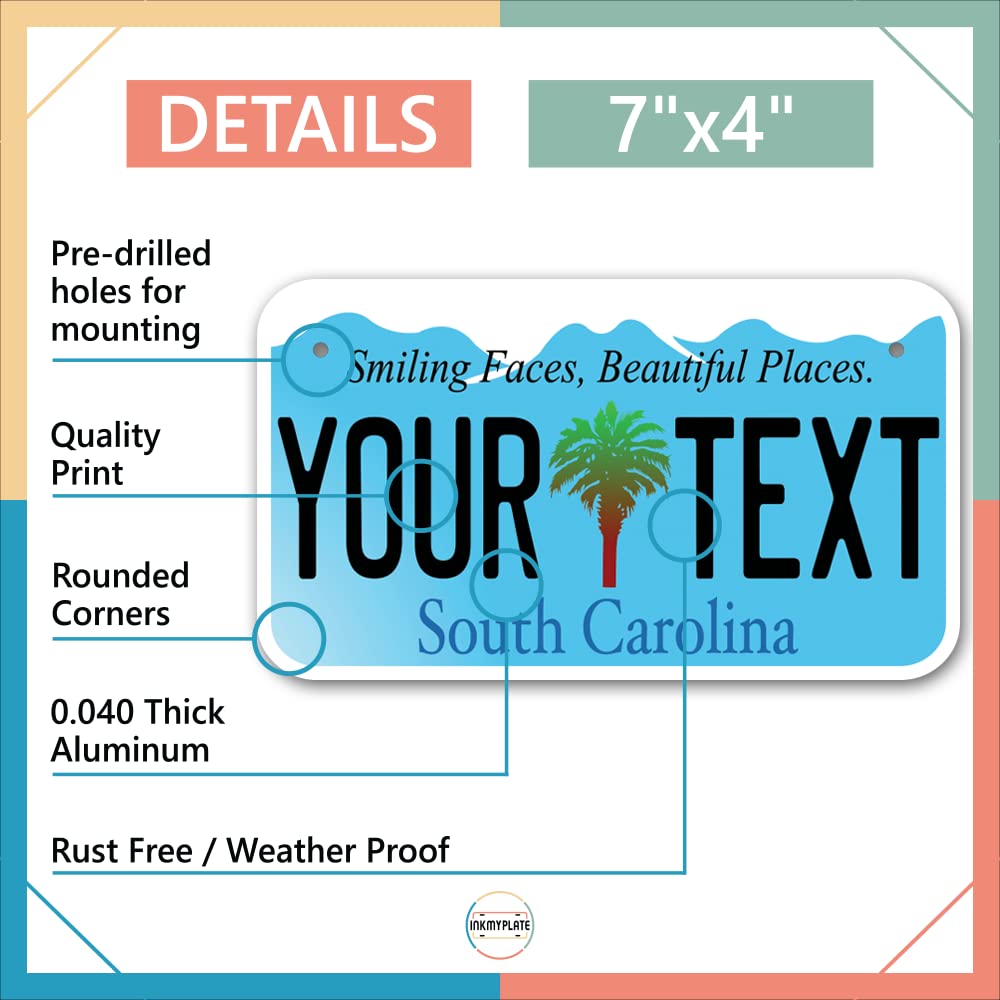 Inkmyplate Personalized South Carolina Blue Small License Plate | Moto 7X4 | Custom License Plate For Kids Power Wheels | Golf Cart, Motorcycle, Wagons, Moped Atv | Aluminum Usa