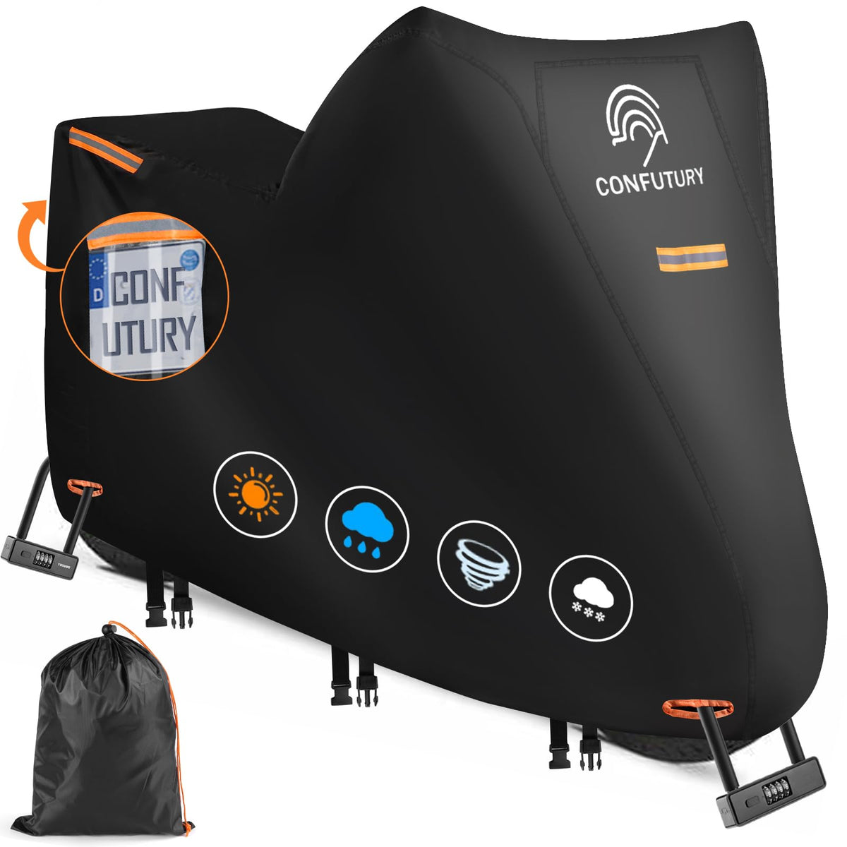 Large Motorcycle Cover With License Plate Window,600D Nano Oxford Cloth,4 Reflective Strips,2 Lock-Holes,3 Windproof Buckles & S