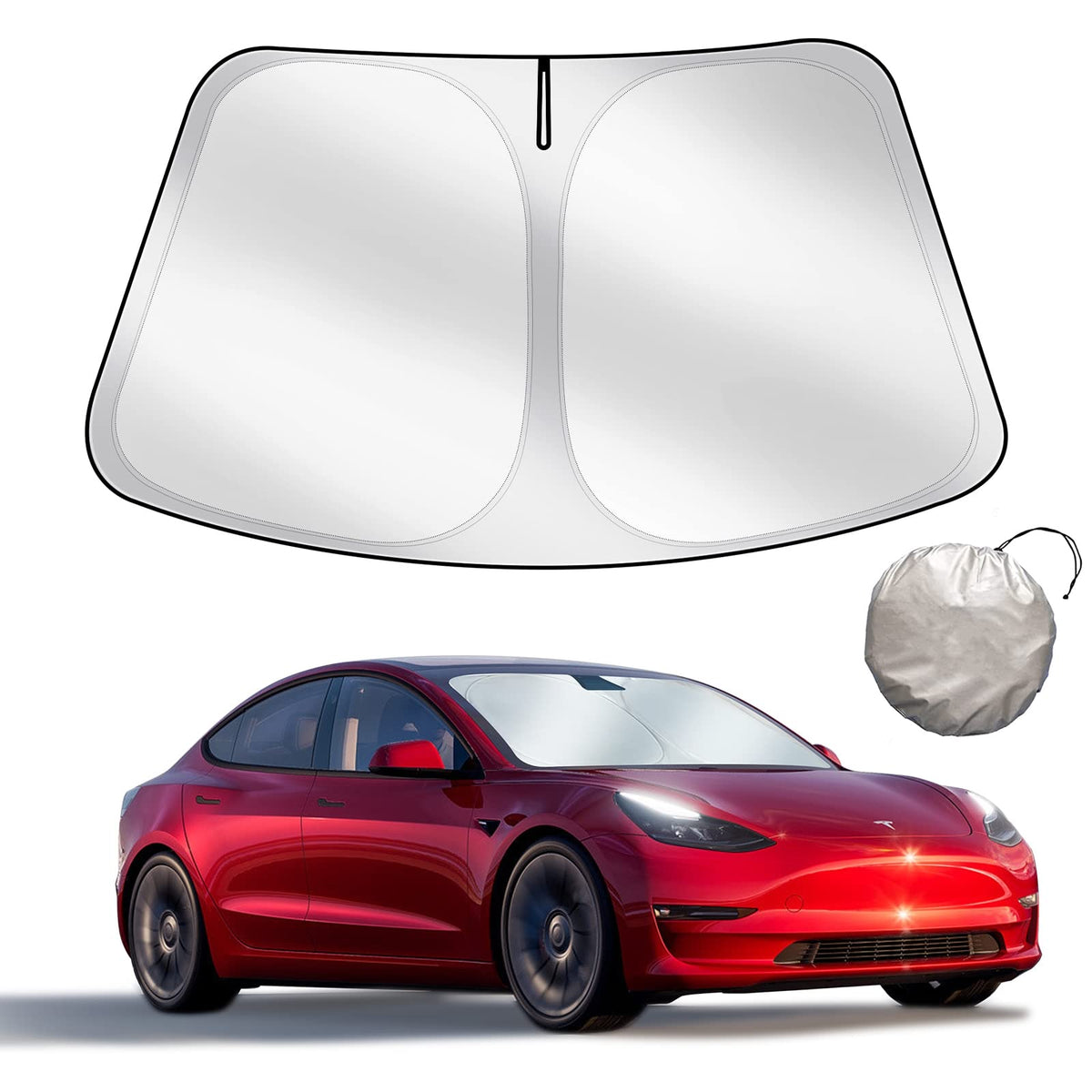 Upgraded Sunshade for Tesla Model 3/Y Windshield, Improved UV Protection Fabric, Metal Frame, Full-Size Foldable Front Sun Shade