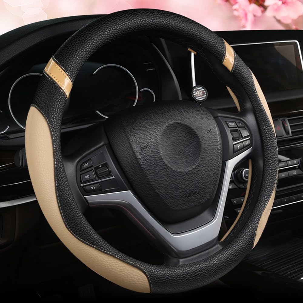 Steering Wheel Cover For Car Leather Universal Steering Wheel Covers For Men Women Fit Cars Suv Truck Pickup 15Inch (Beige)