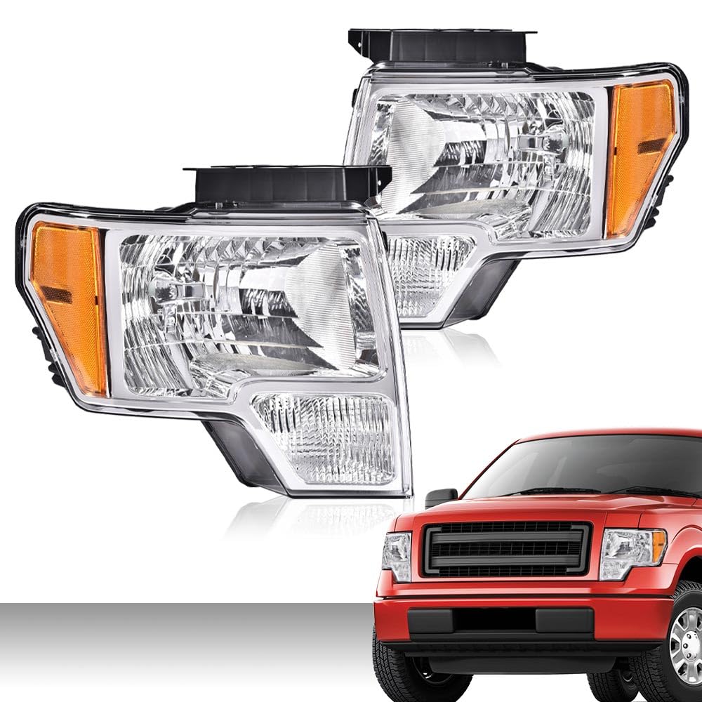 Pit66 Headlight Assembly Compatible With 09-14 Ford F150 2009-2014, Left And Right Driver & Passenger Halogen Headlamp (Basic St
